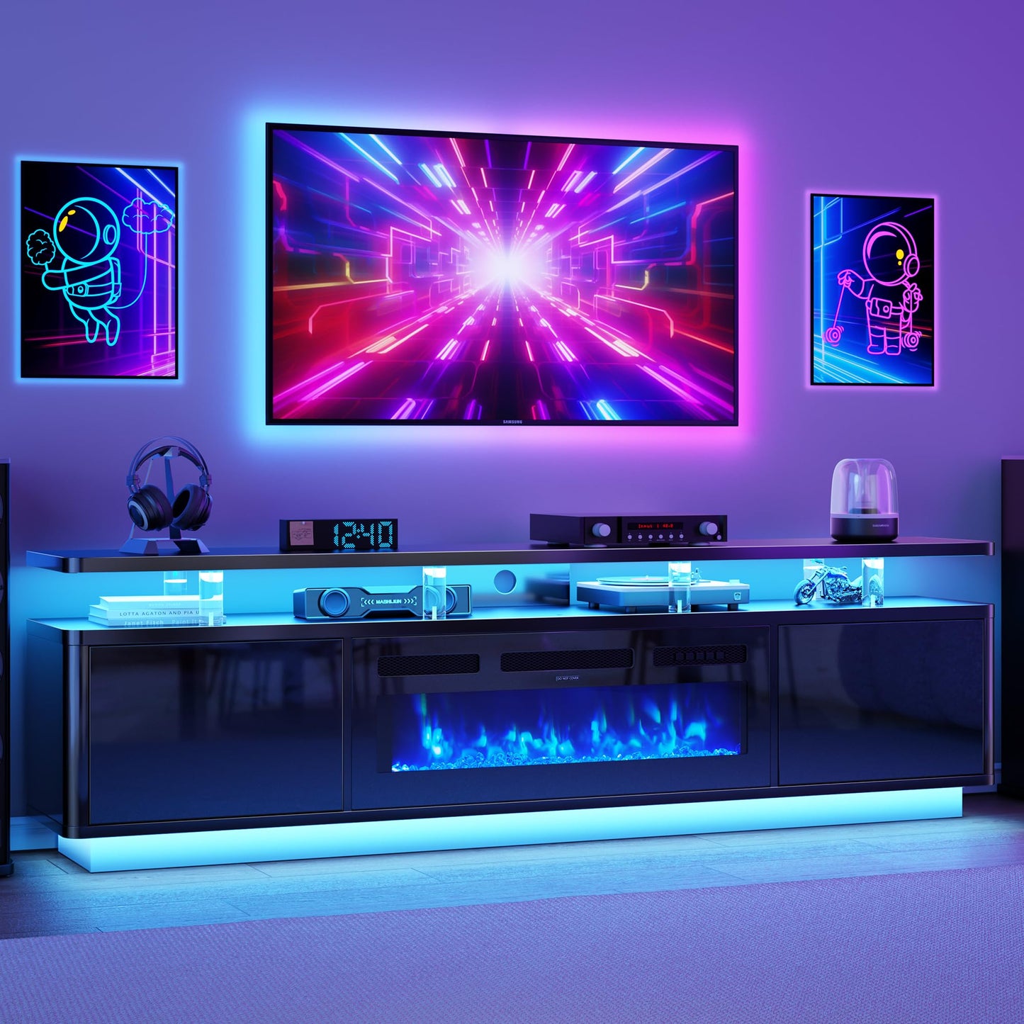 OneBlis TV stand with fireplace, LED lights, storage cabinets, fits up to 80" TVs.