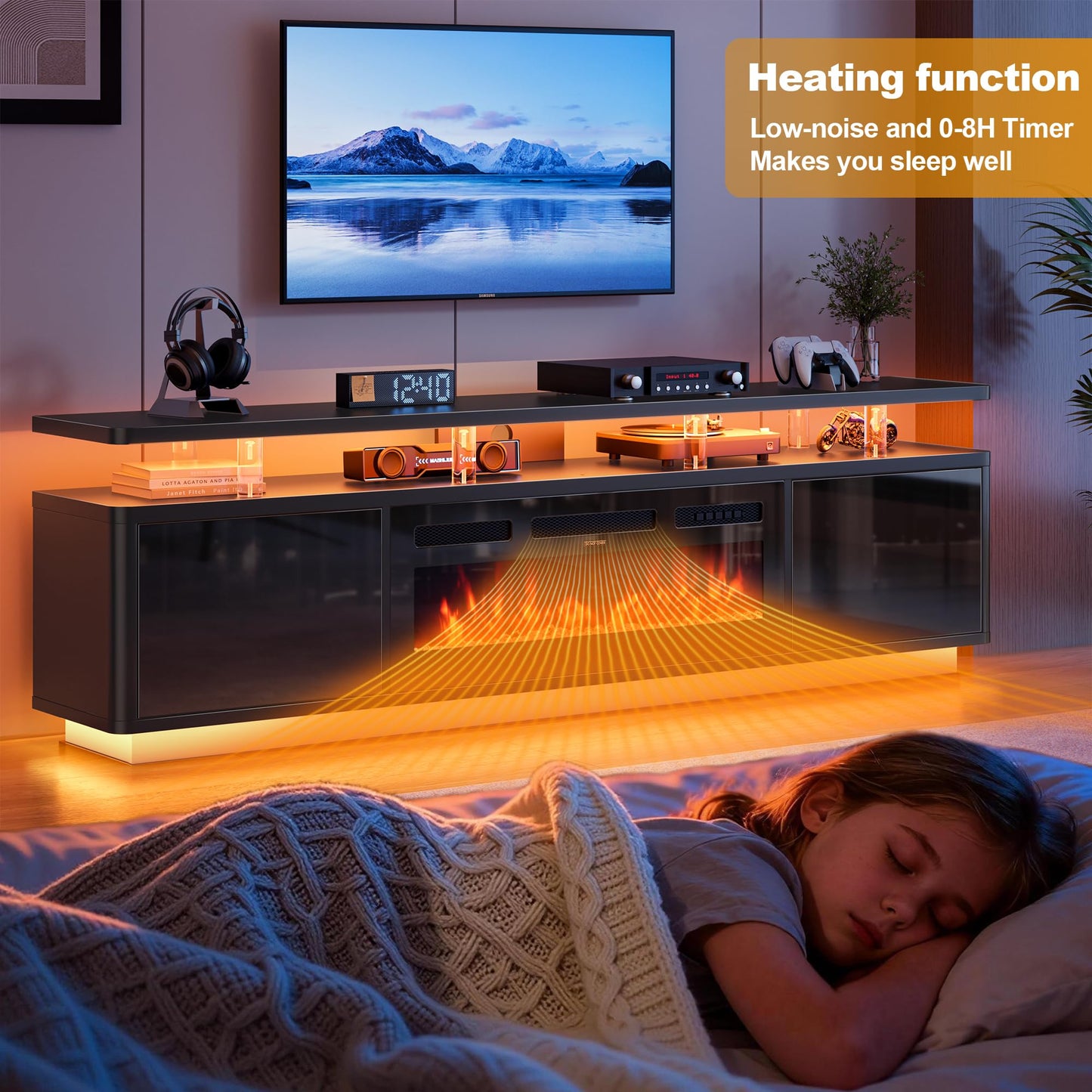 OneBlis TV stand with fireplace, LED lights, storage cabinets, fits up to 80" TVs.