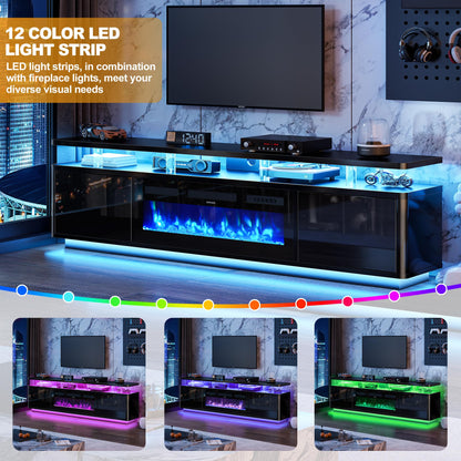 OneBlis TV stand with fireplace, LED lights, storage cabinets, fits up to 80" TVs.