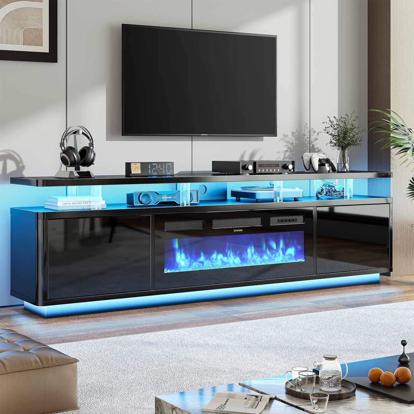 OneBlis TV stand with fireplace, LED lights, storage cabinets, fits up to 80" TVs.