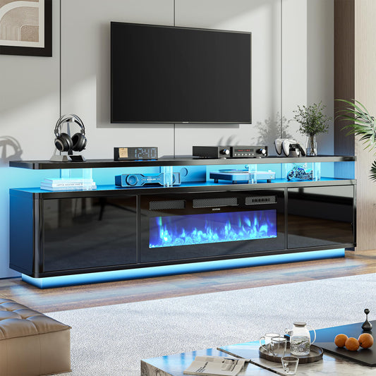 OneBlis TV stand with fireplace, LED lights, storage cabinets, fits up to 80" TVs.