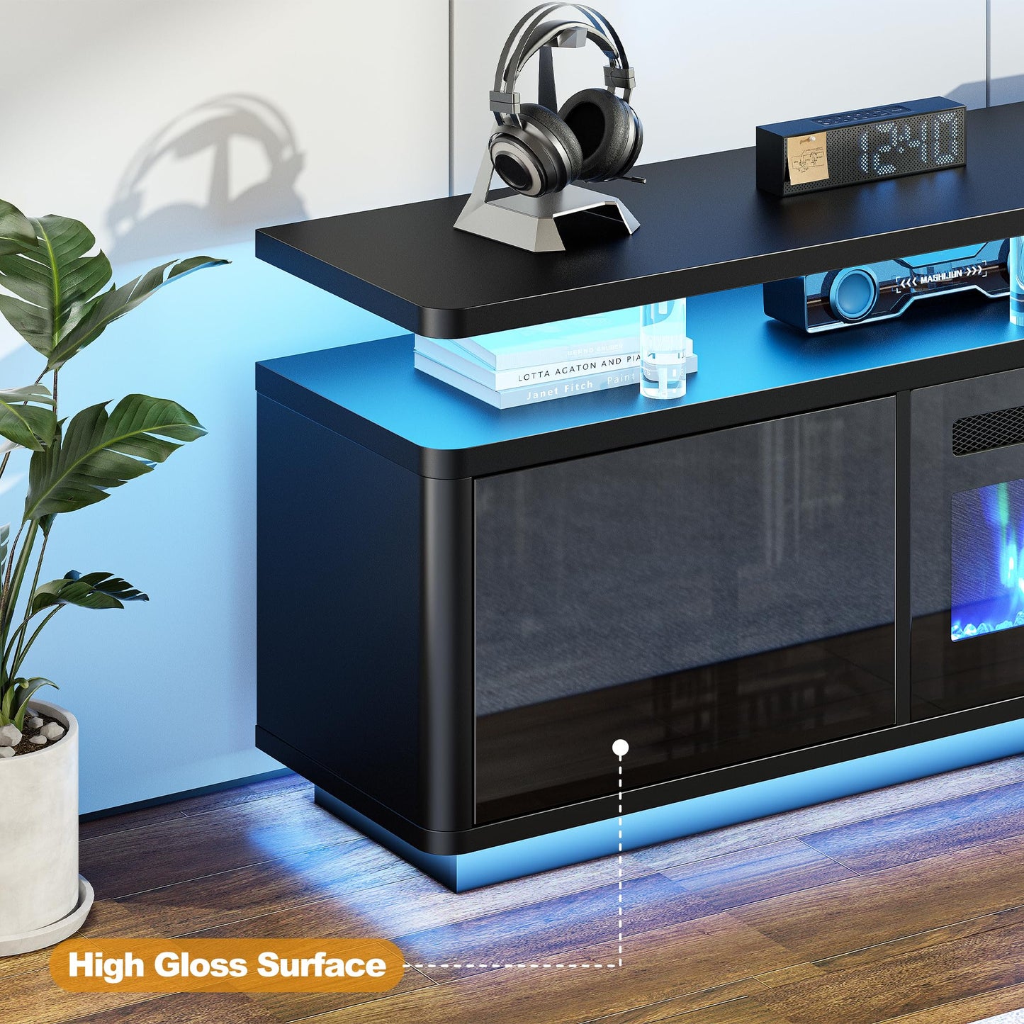 OneBlis TV stand with fireplace, LED lights, storage cabinets, fits up to 80" TVs.